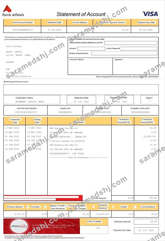 UAE Abu Dhabi Bank Alfalah statement Word and PDF template